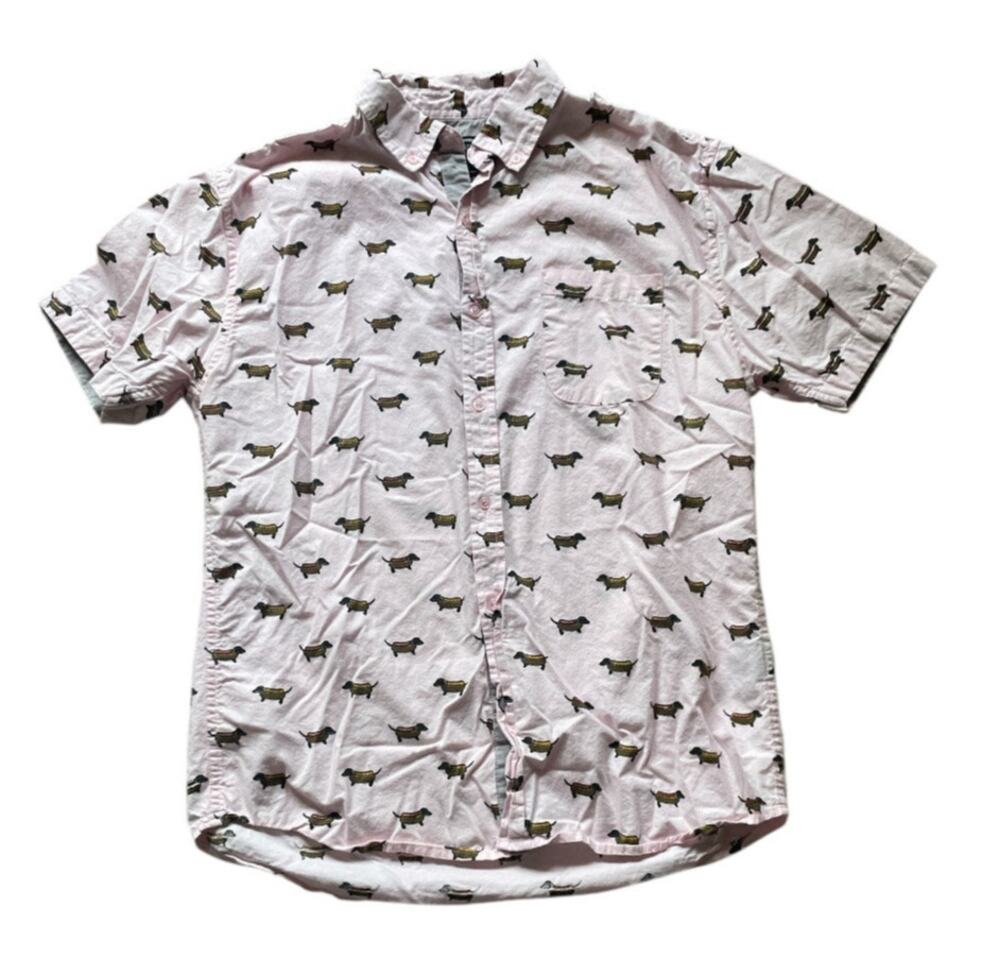Mens Pink Casual Button Up Shirt Wiener Hot dogs Surf Size Med Blockcore Frat